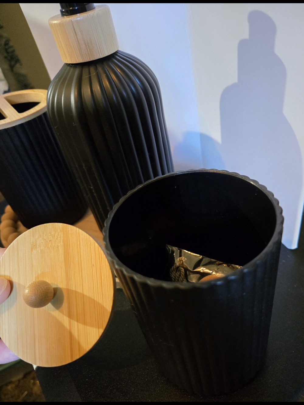 Black Ribbed Bathroom Canister Set with Bamboo Lids, 3 Piece Set